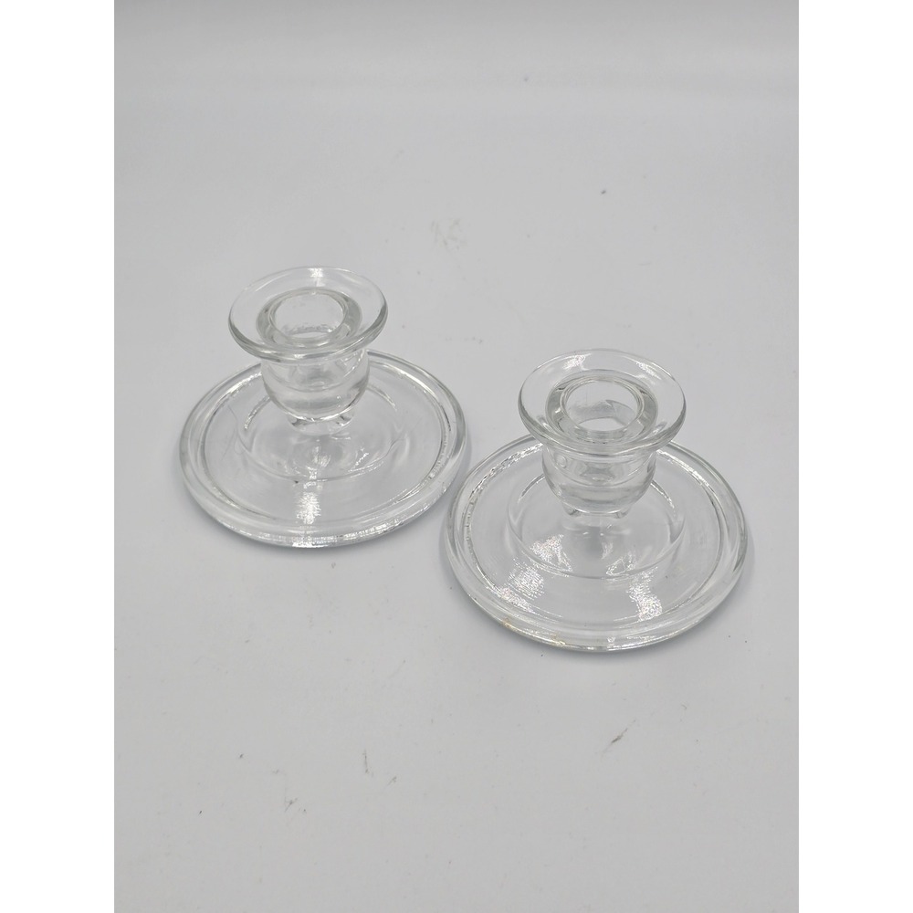 Vintage Clear Glass Taper Candlestick Holders Pair Low Profile Round Base 3.5in